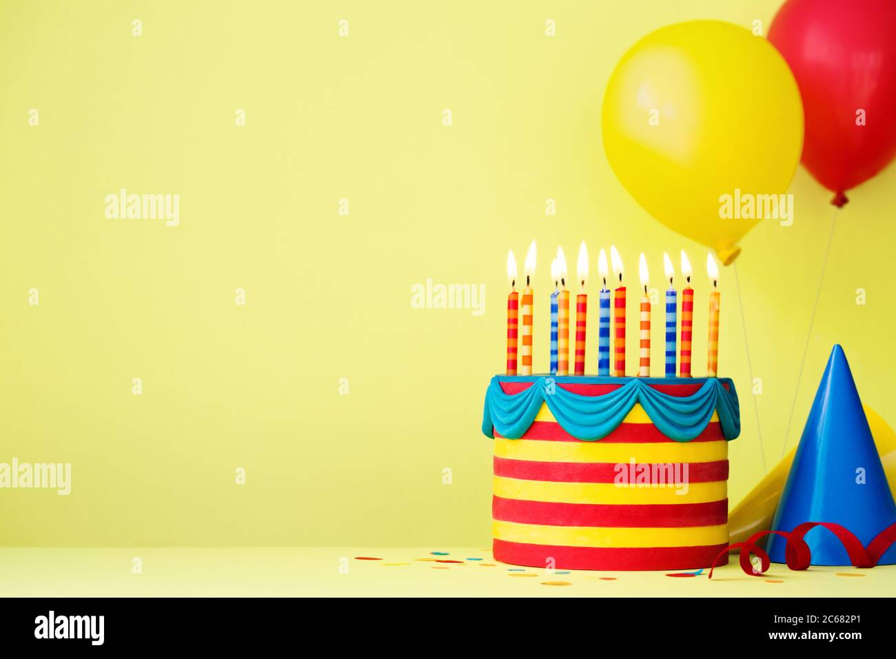 Colorful birthday party background with birthday cake and balloons ...