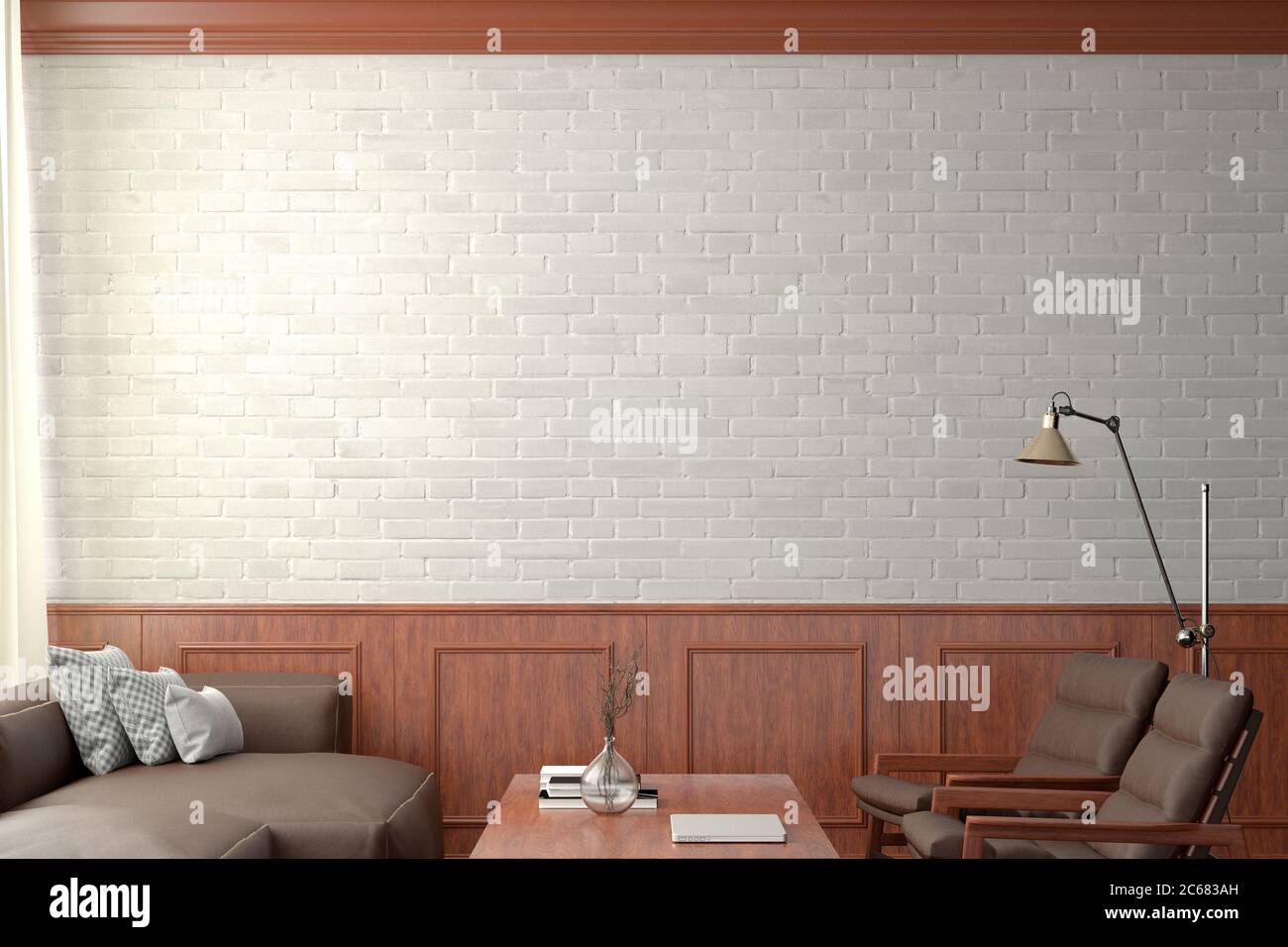 Blank white brick wall mockup in classic style interior of modern