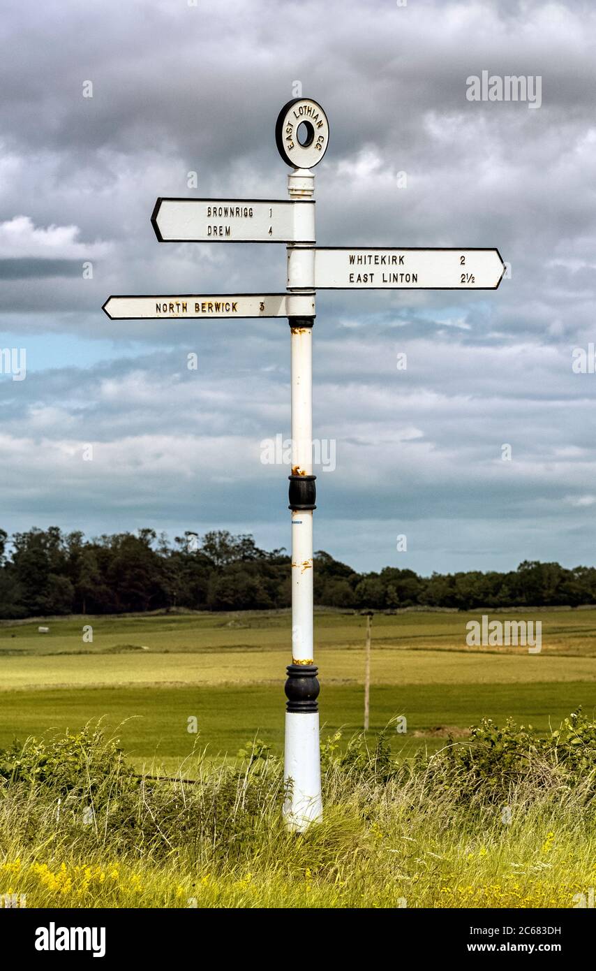 An East Lothian road sign giving directions to North Berwick, Drem