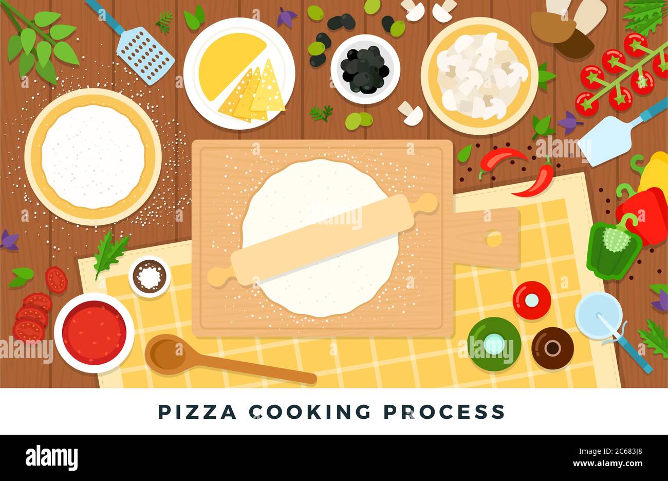 Pizza cooking process. Vector flat illustrations. Set of products and tools for pizza cooking on wooden table. Stock Vector