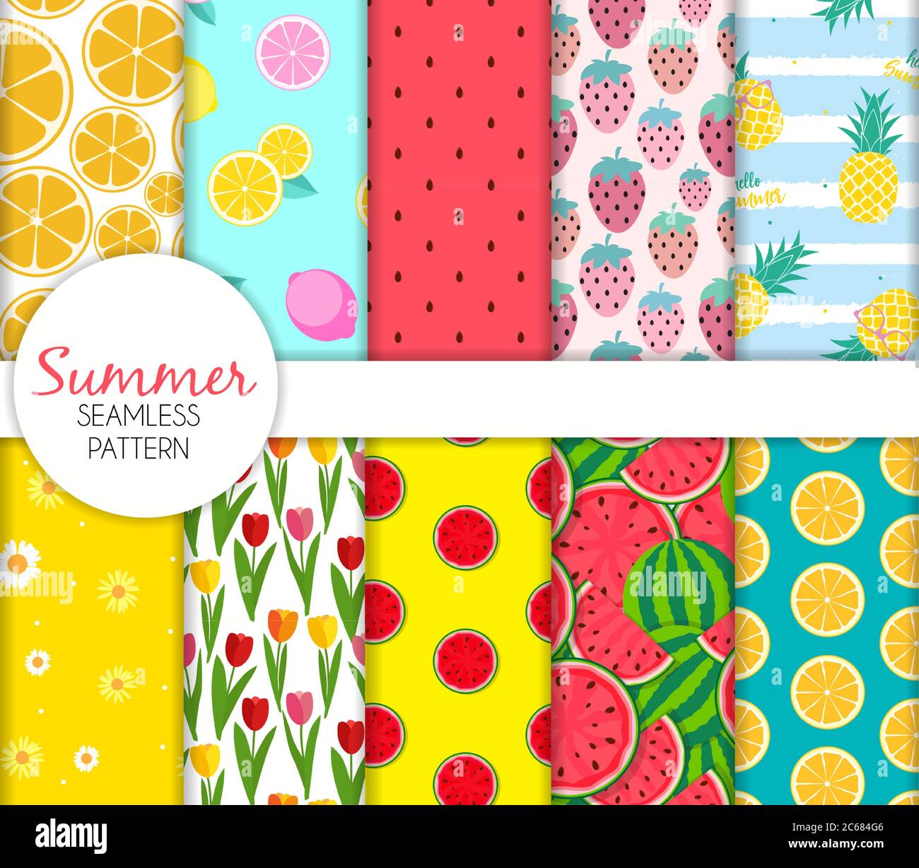 Cute Seamless Summer Pattern Collection Set Vector Illustration Stock Vector