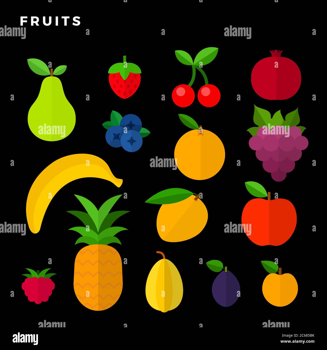 Fruits and berries set isolated on black Stock Vector