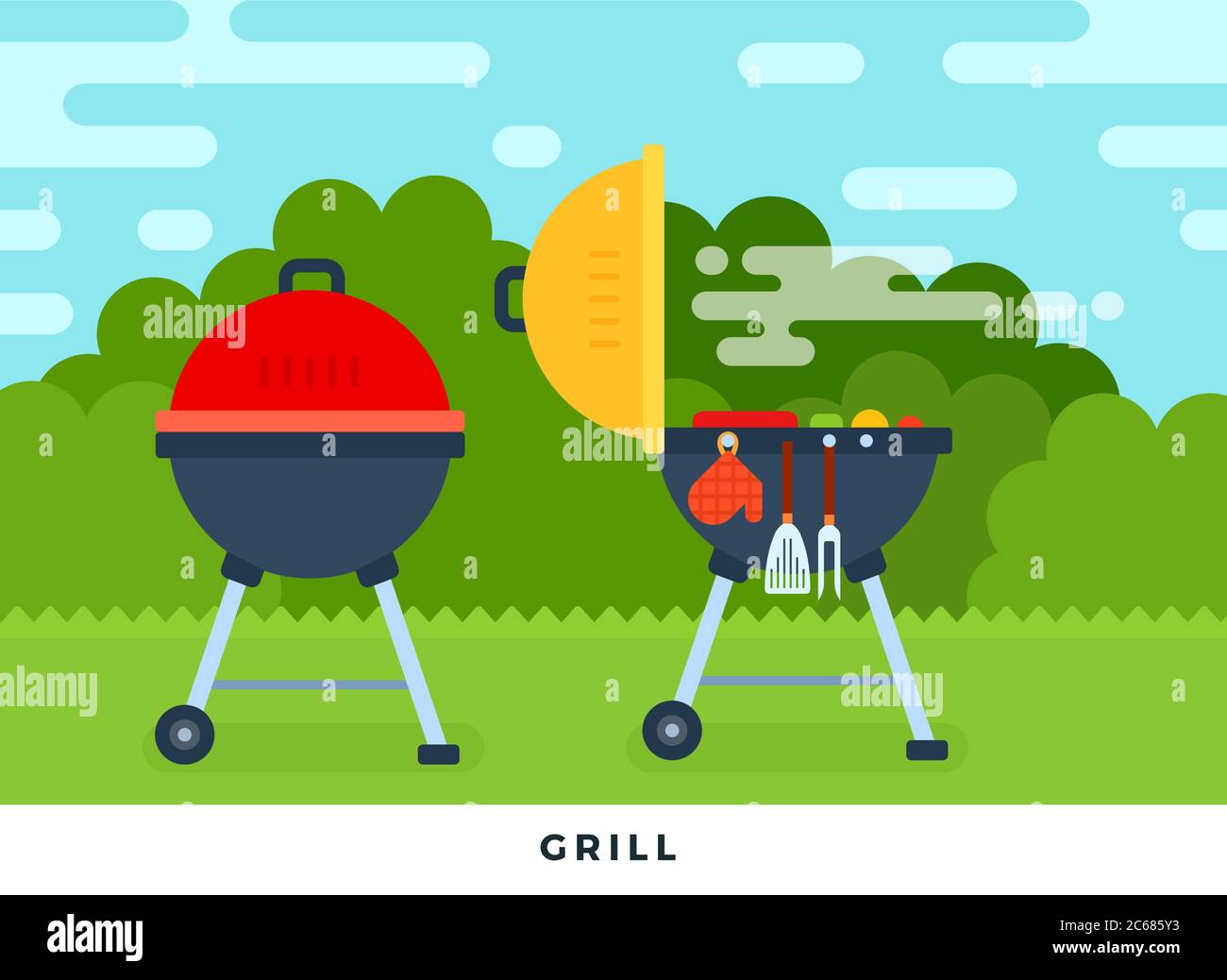 Portable grill in the backyard vector illustration in a flat design