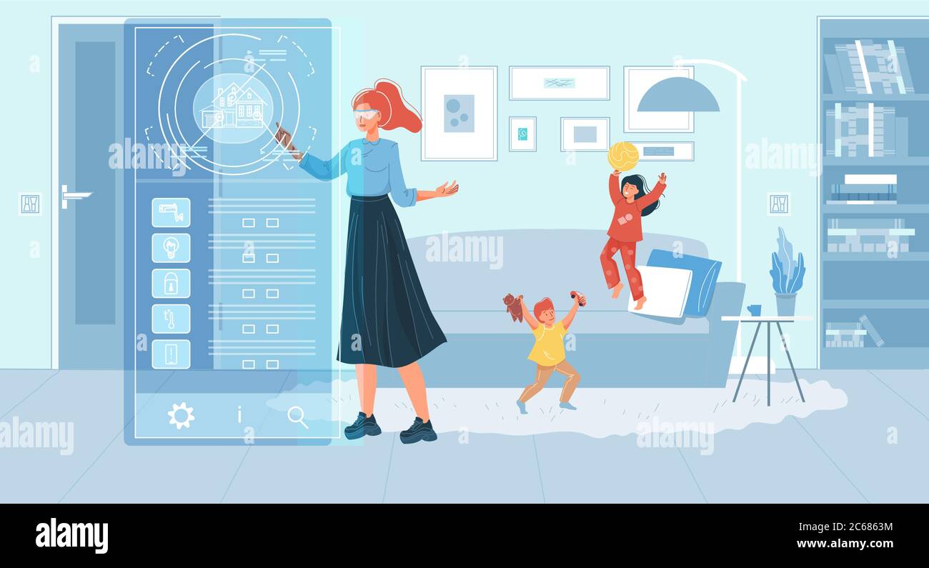 Housewife using smart glasses for house monitoring Stock Vector