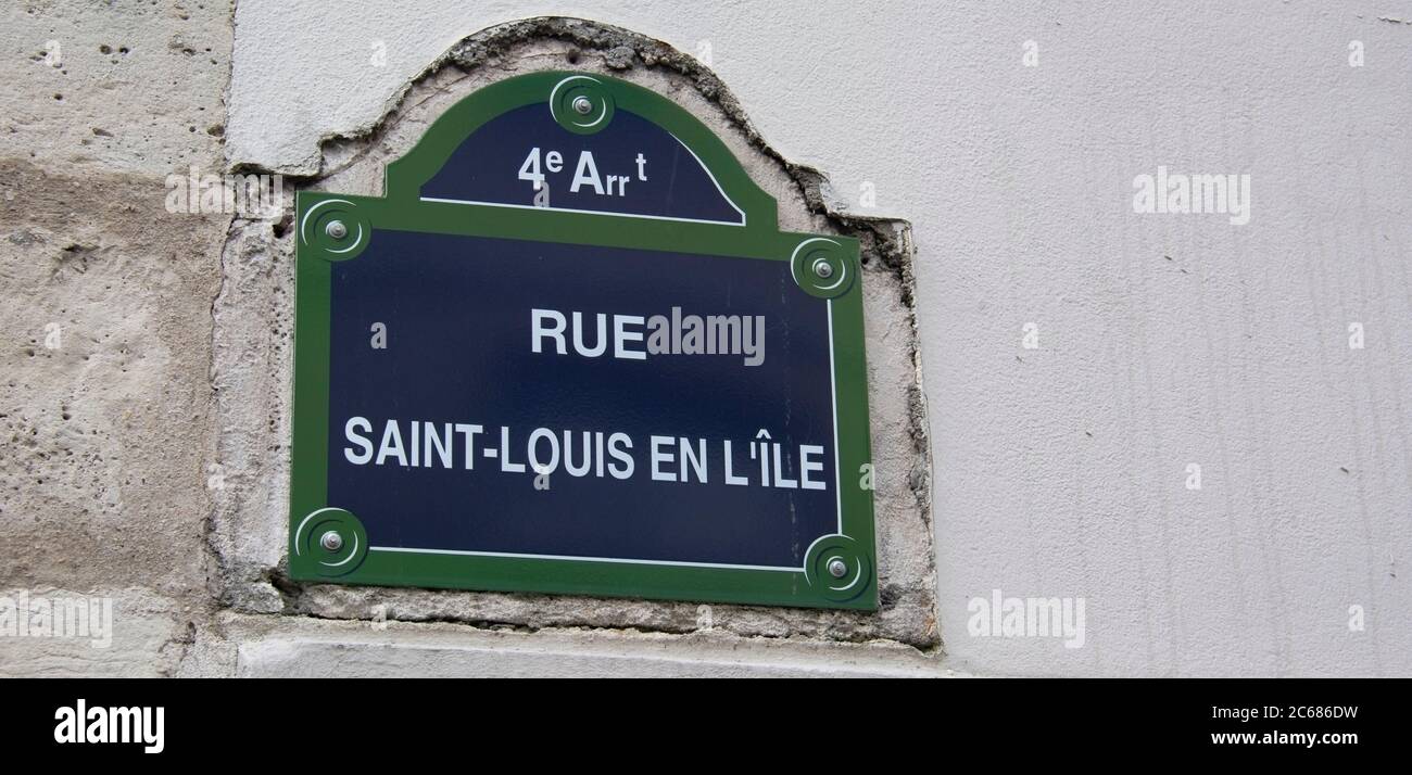 Street name sign on wall, Ile Saint Louis, Paris, France Stock Photo