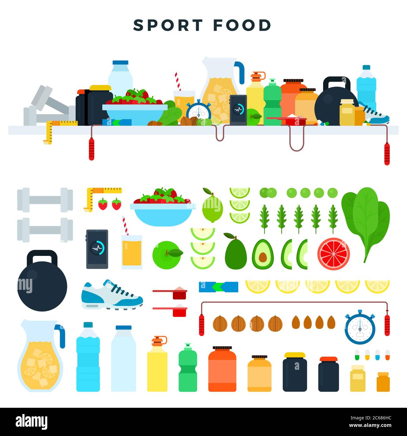 Set vector icons sport food in flat design. Concept healthy and ...
