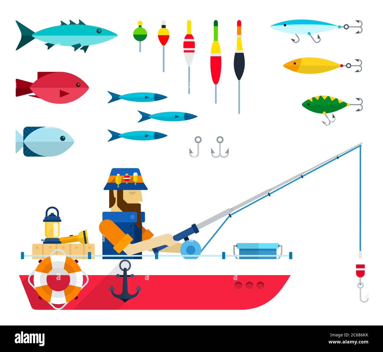 Set of varieties of fish, floats, hooks and fisherman with fishing rod