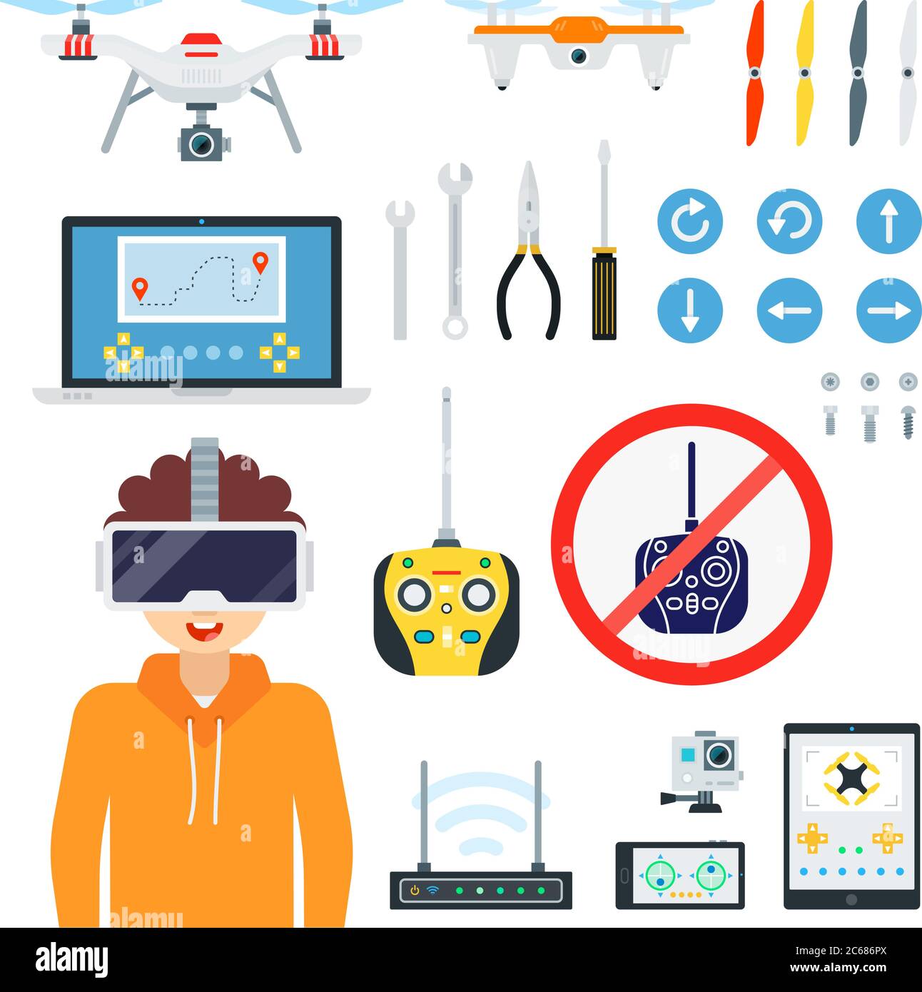 Set of Copter with VR flat vector illustration. Stock Vector