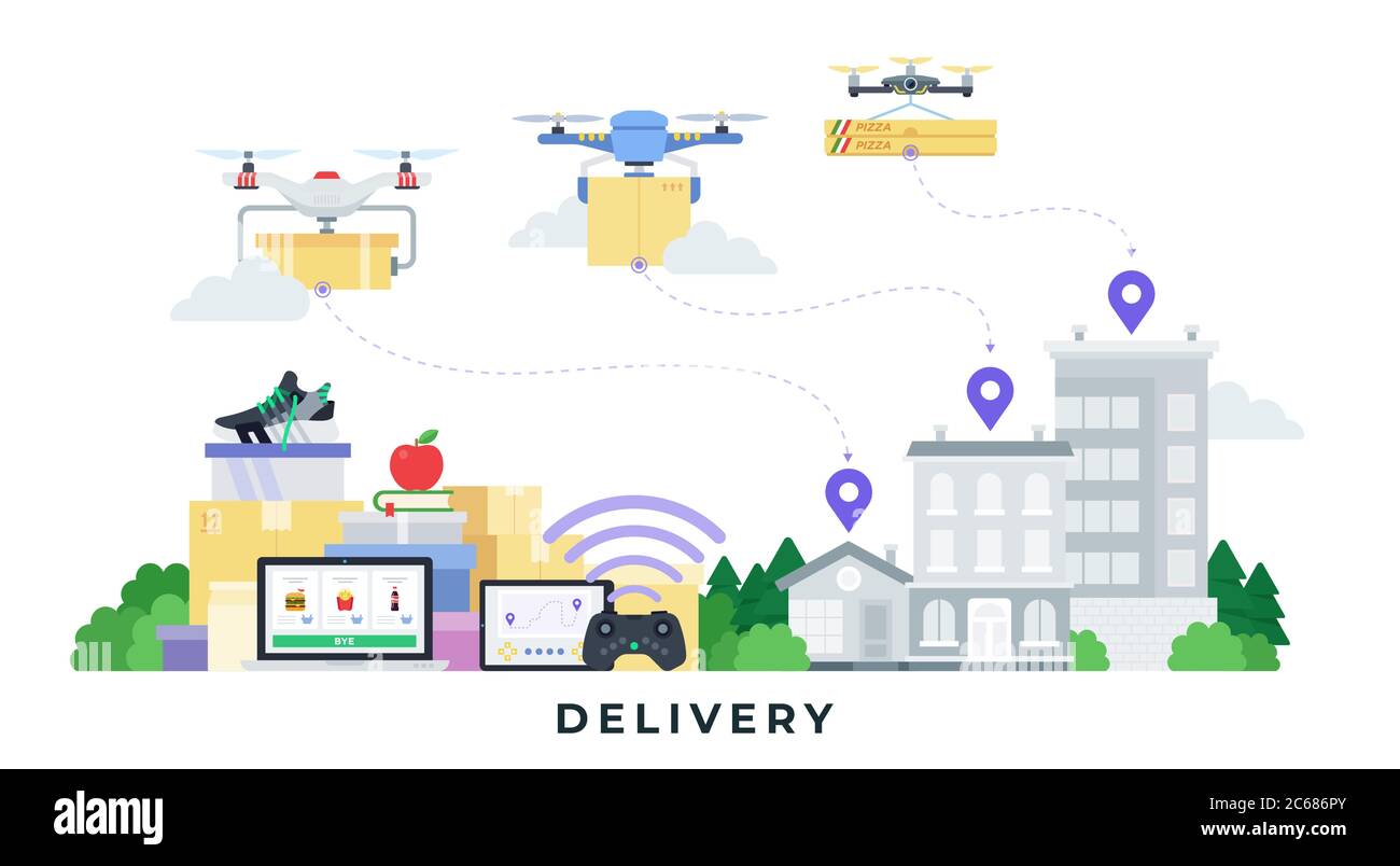 Illustration of quadcopter delivery of goods online store vector flat ...