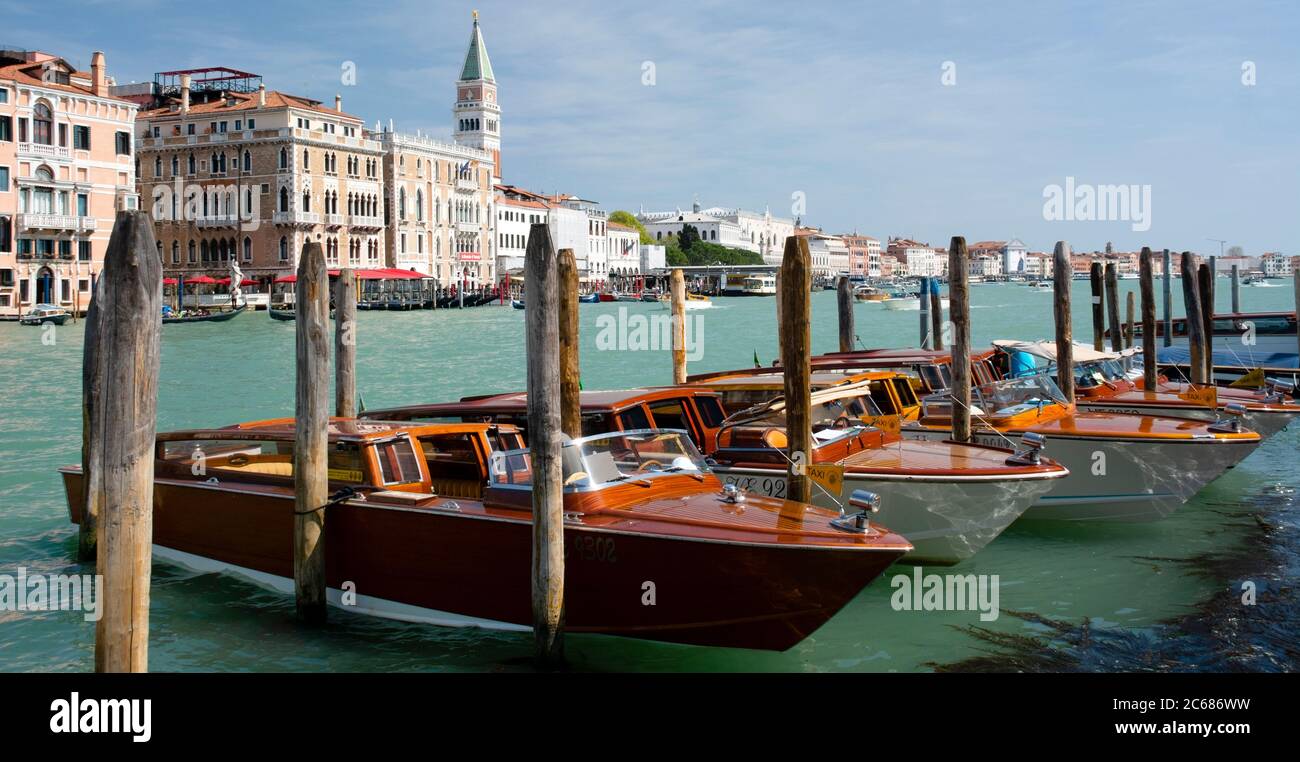 View of water taxis on Grand Canal, Venice, Veneto, Italy Stock Photo