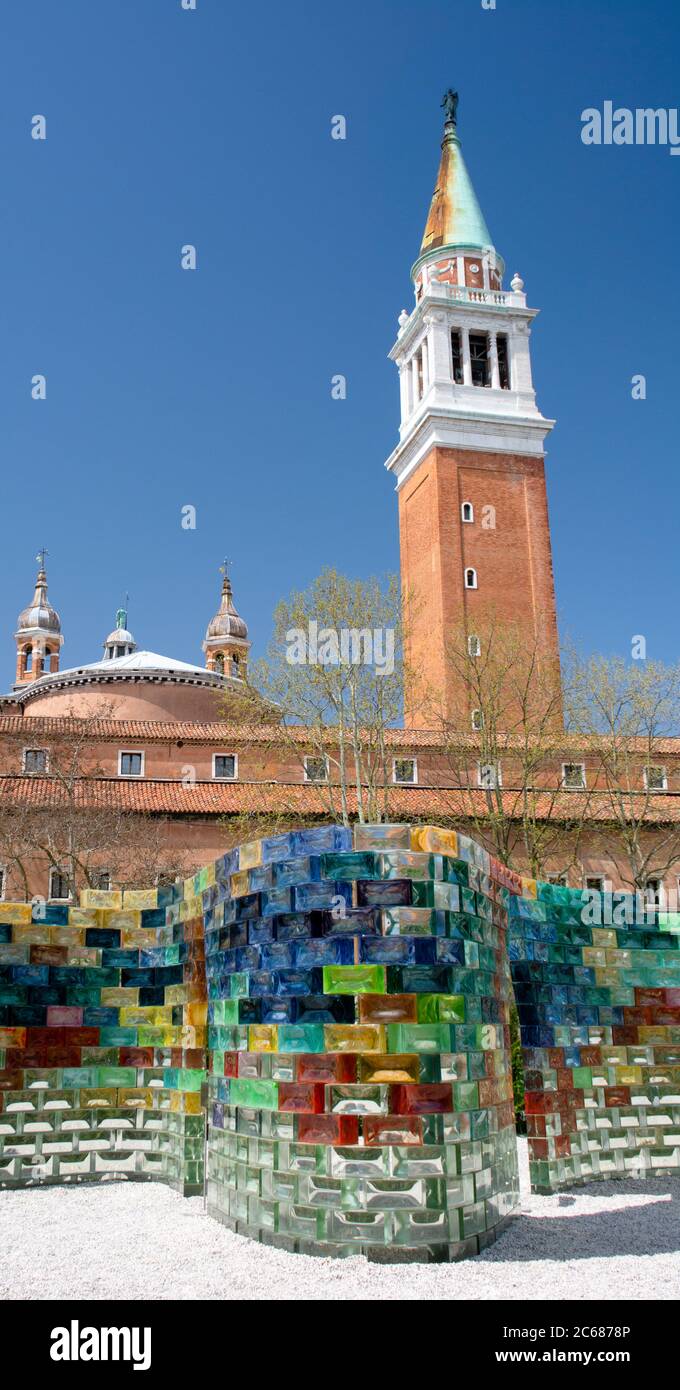 View of Pae White Qwalala sculpture and Chiesa di San Giorgio Maggiore Tower, Venice, Veneto, Italy Stock Photo
