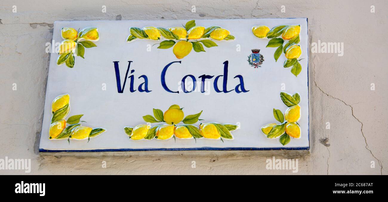 View of information sign on street, Limone on West Coast of Lake Garda, Limone, Lombardy, Italy Stock Photo