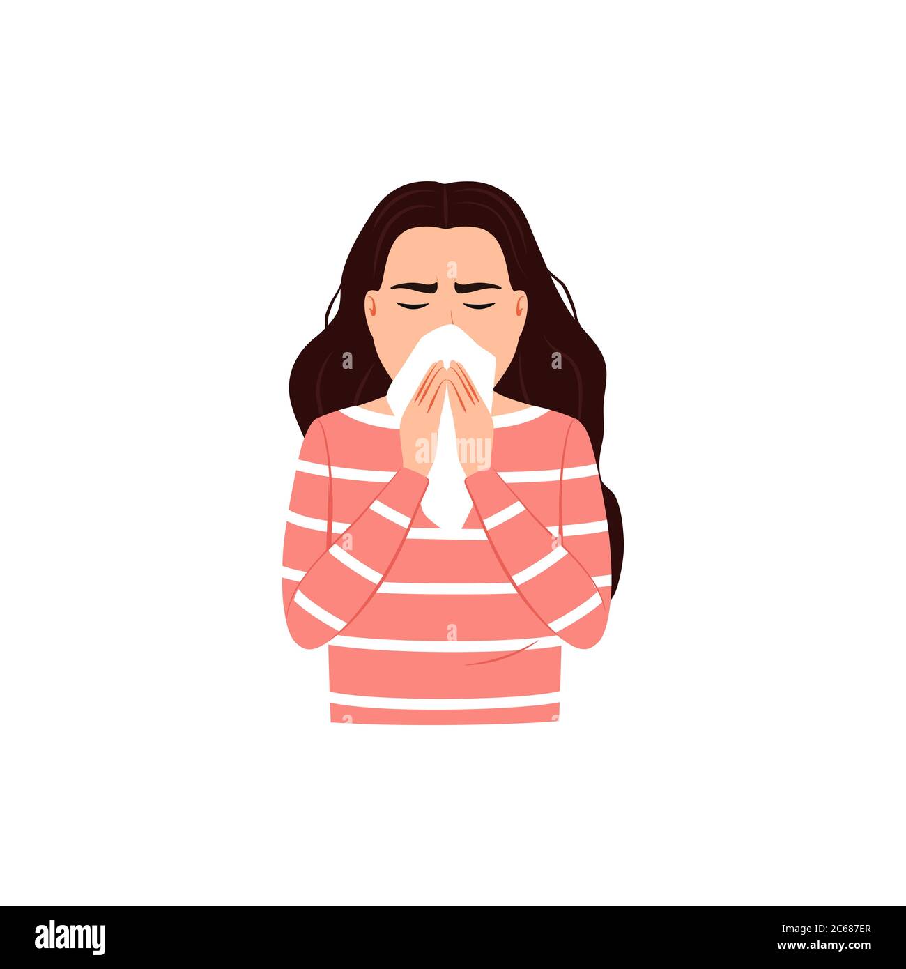 Sneezing woman covers mouth and nose with tissue on white background. Cough, sneeze into a handkerchief concept Good respiratory hygiene icon Flu viru Stock Vector