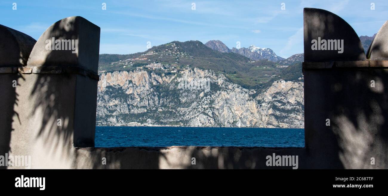 View of mountain and lake, Malcesine, Veneto, Italy Stock Photo