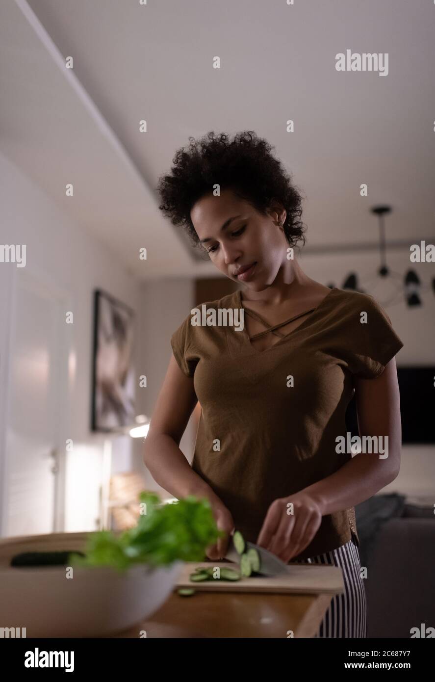 Adult ethnic lady slicing cucumber for salad while cooking healthy dinner at home Stock Photo