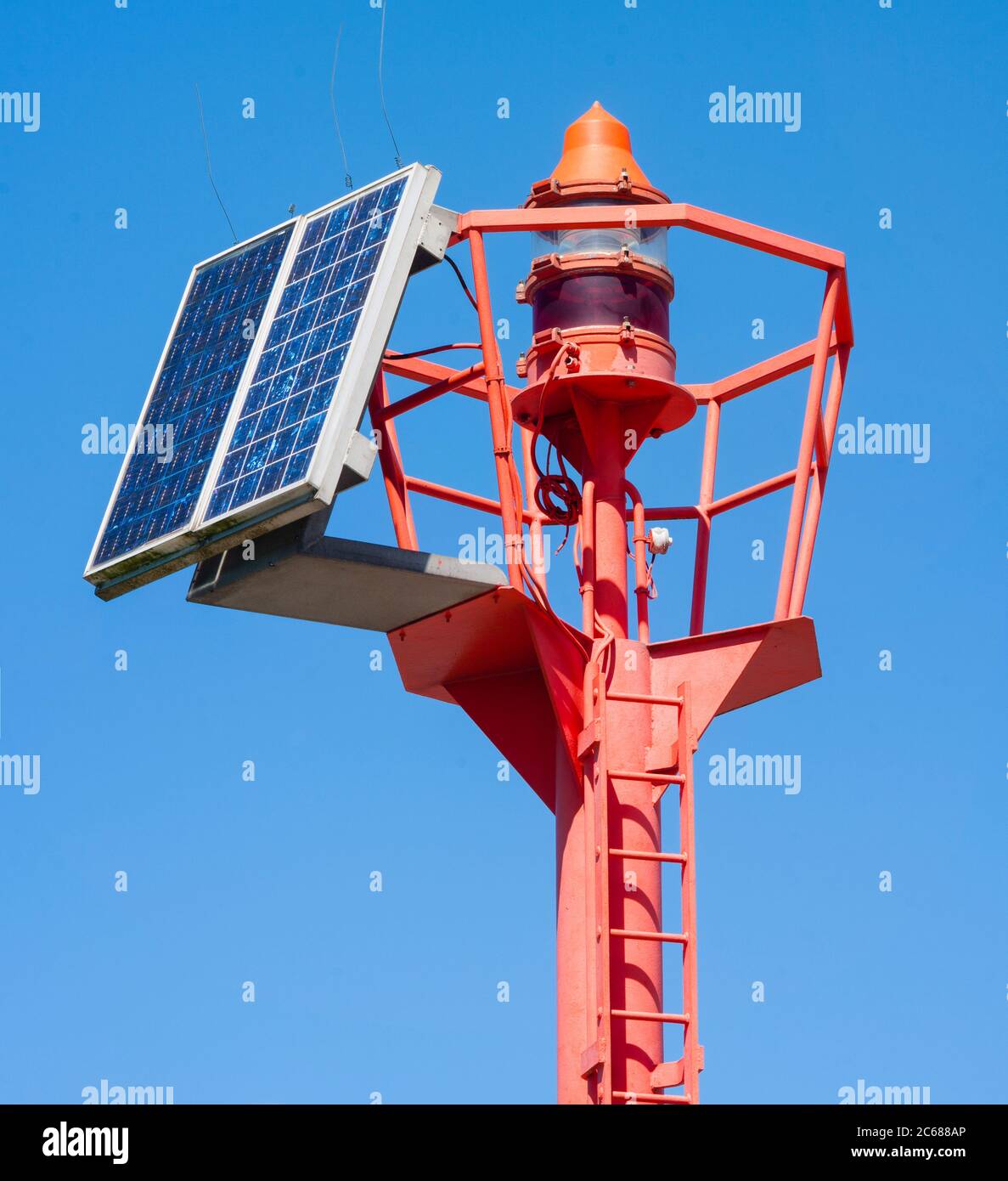 Solar powered port signal, Port, Dieppe, Normandy, France Stock Photo