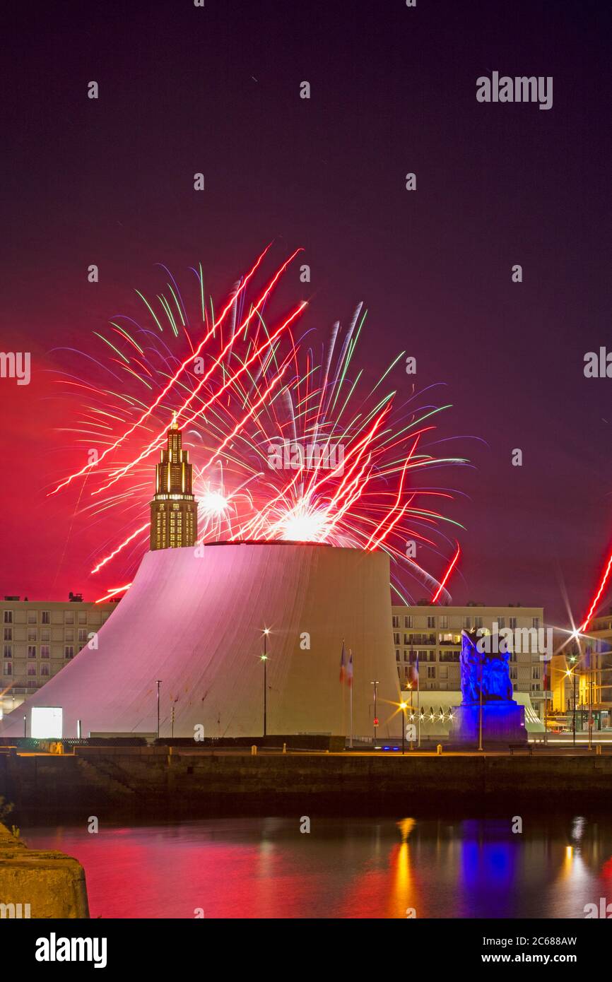 Fireworks over Volcan at night, Le Havre, Normandy, France Stock Photo