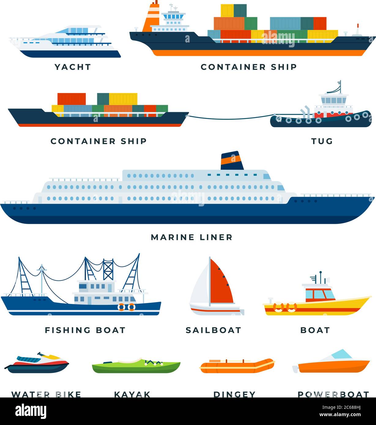Set of Boats, Ship, Yacht, Sail flat vector illustration Stock Vector
