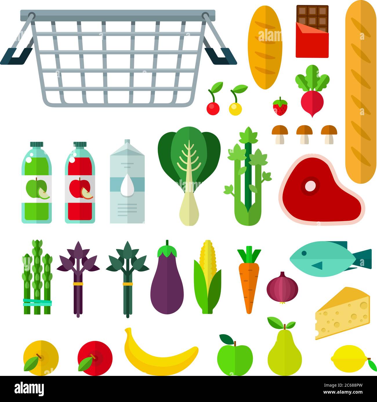 Food Basket Vector Flat Illustration. Set With Corn, Cabbage, Juice 