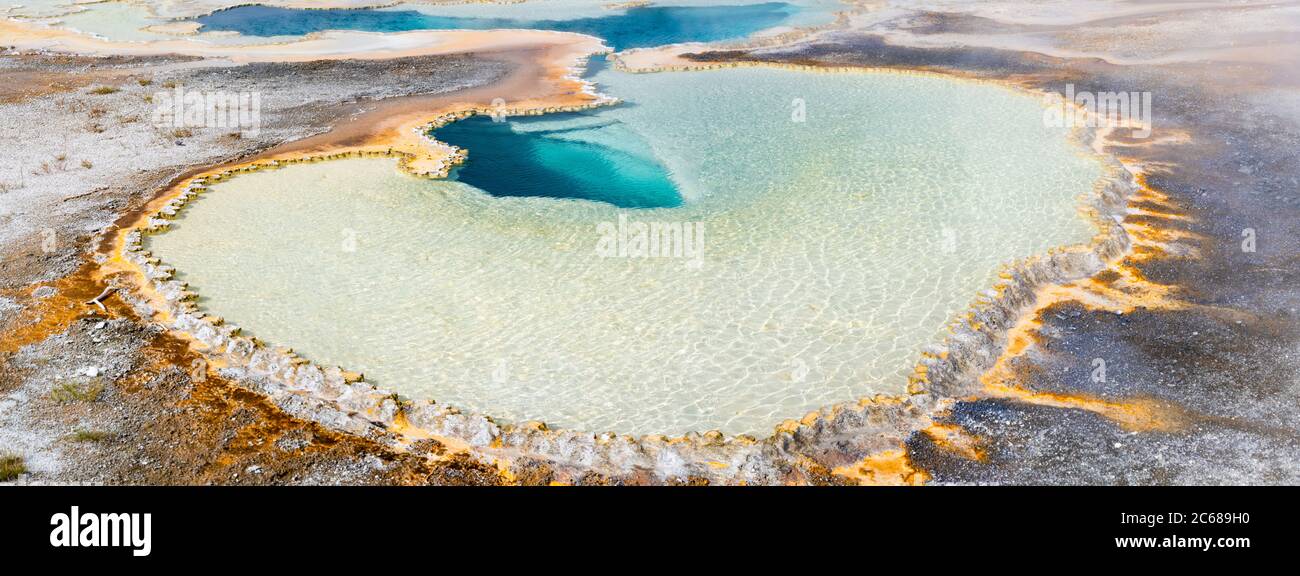 High angle view of Doublet pool, Upper Geyser Basin, Yellowstone National Park, Wyoming, USA Stock Photo