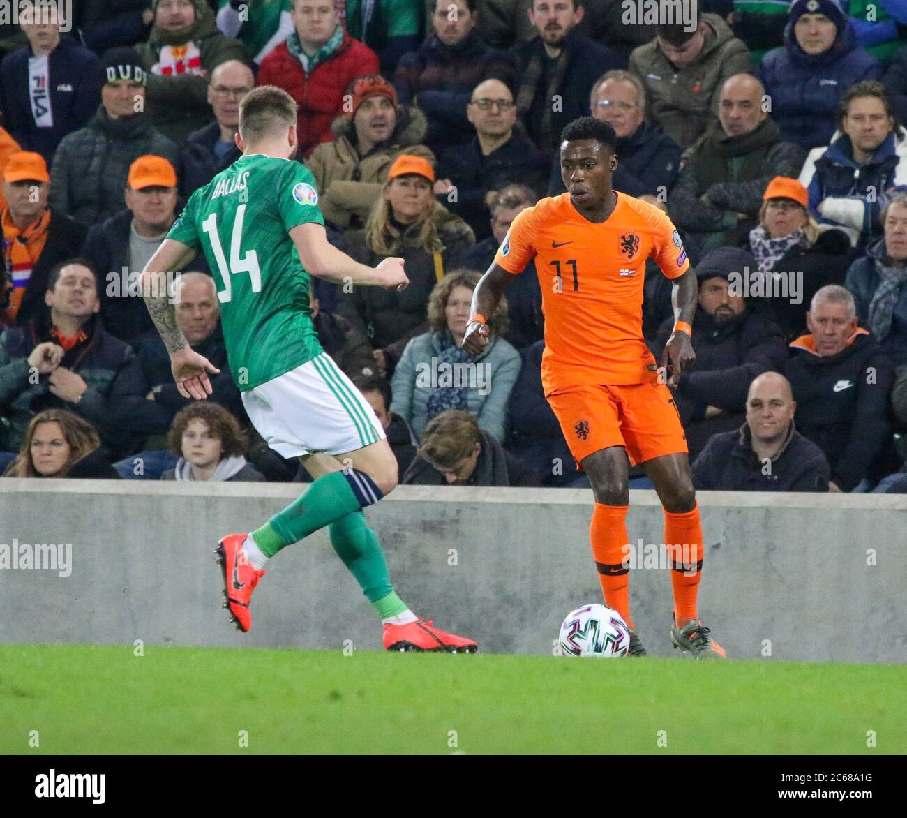 16 November 2019. UEFA Euro 2020 Qualifier at National Football Stadium at Windsor Park, Belfast. Northern Ireland 0 Netherlands 0. Netherlands international football player Quincy Promes in action for the Netherlands. Stock Photo