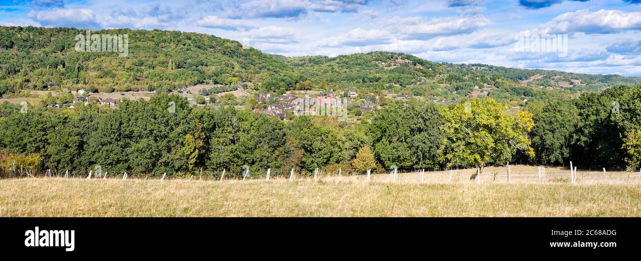 Landscape with medieval Collonges-la-Rouge village, Correze, New Aquitaine region, France Stock Photo