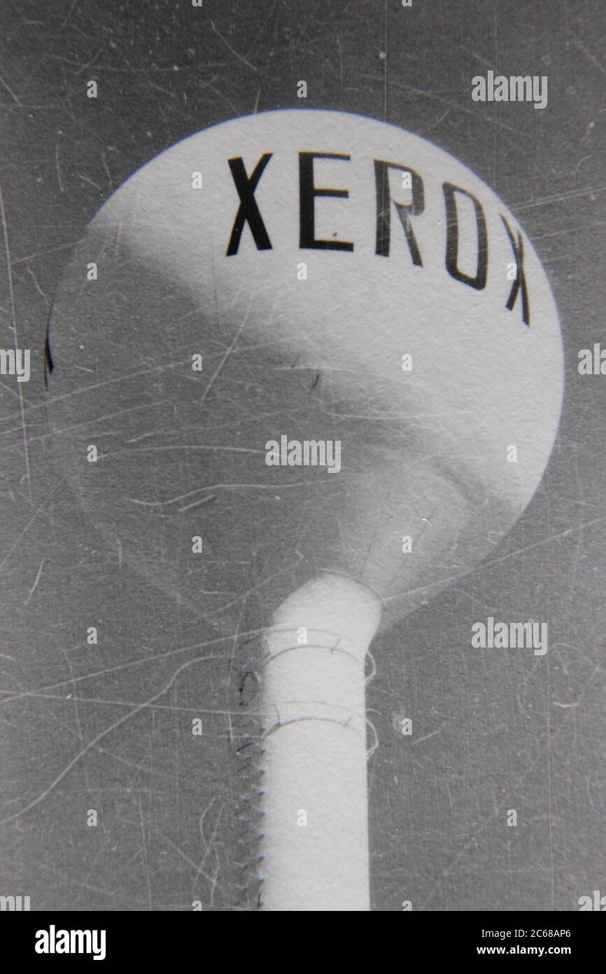 Fine 70s vintage black and white lifestyle photography of a water tower with the Xerox logo. Stock Photo