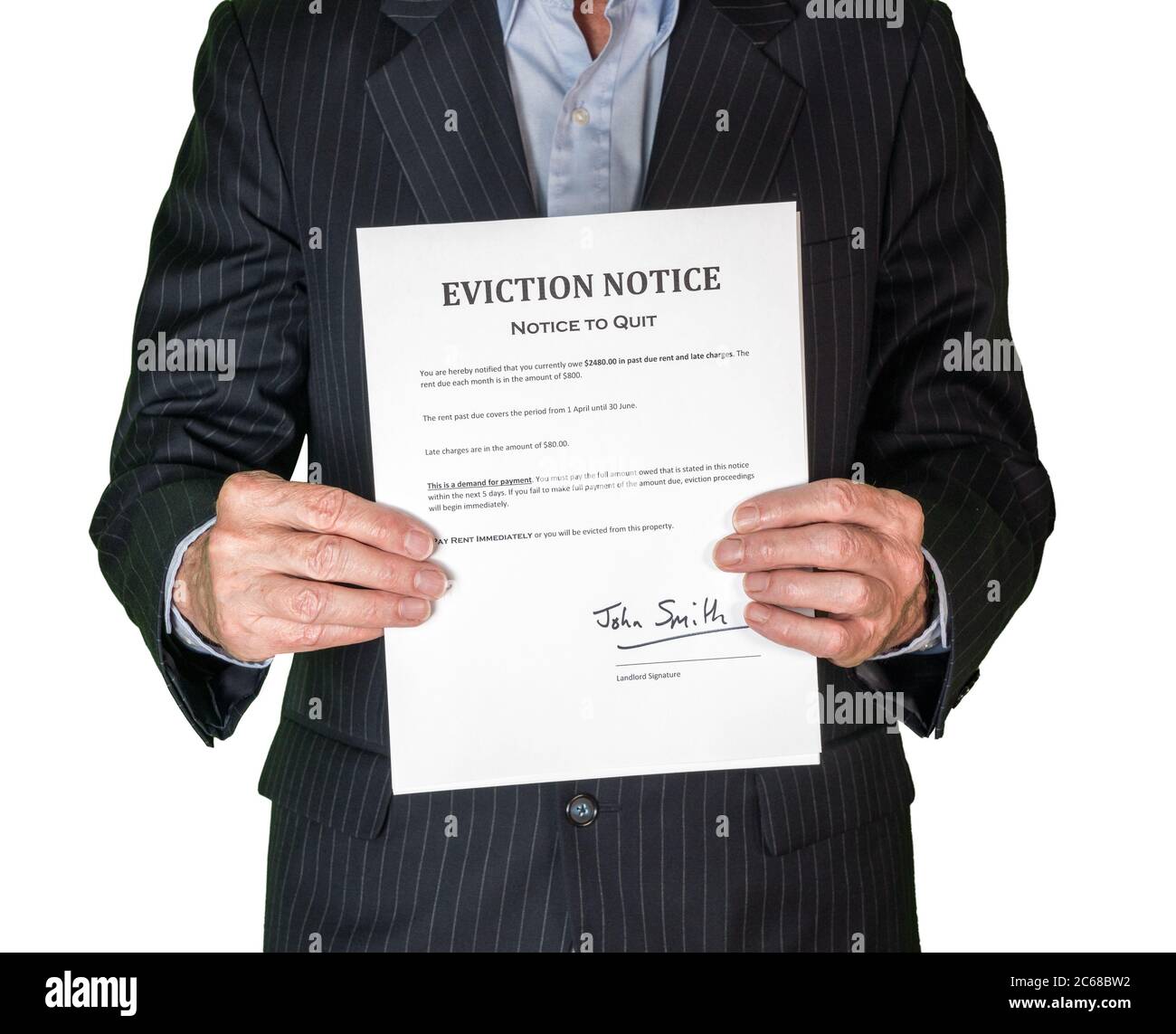Man in suit serving an eviction notice to a defaulting renter in due to missed rent in recession against white background Stock Photo
