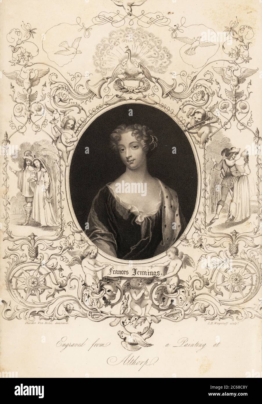 Frances Jennings, Countess of Tyrconnell, maid of honour to the Duchess of York, married to George Hamilton and later Richard Talbot, Earl of Tyrconell, famous beauty at court, 1649-1731. Steel engraving by Charles Edward Wagstaff, with ornate decoration by Theodor von Holst, after an original portrait in the possession of Earl Spencer at Althorp from Mrs Anna Jameson’s Memoirs of the Beauties of the Court of King Charles the Second, Henry Coburn, London, 1838 Stock Photo