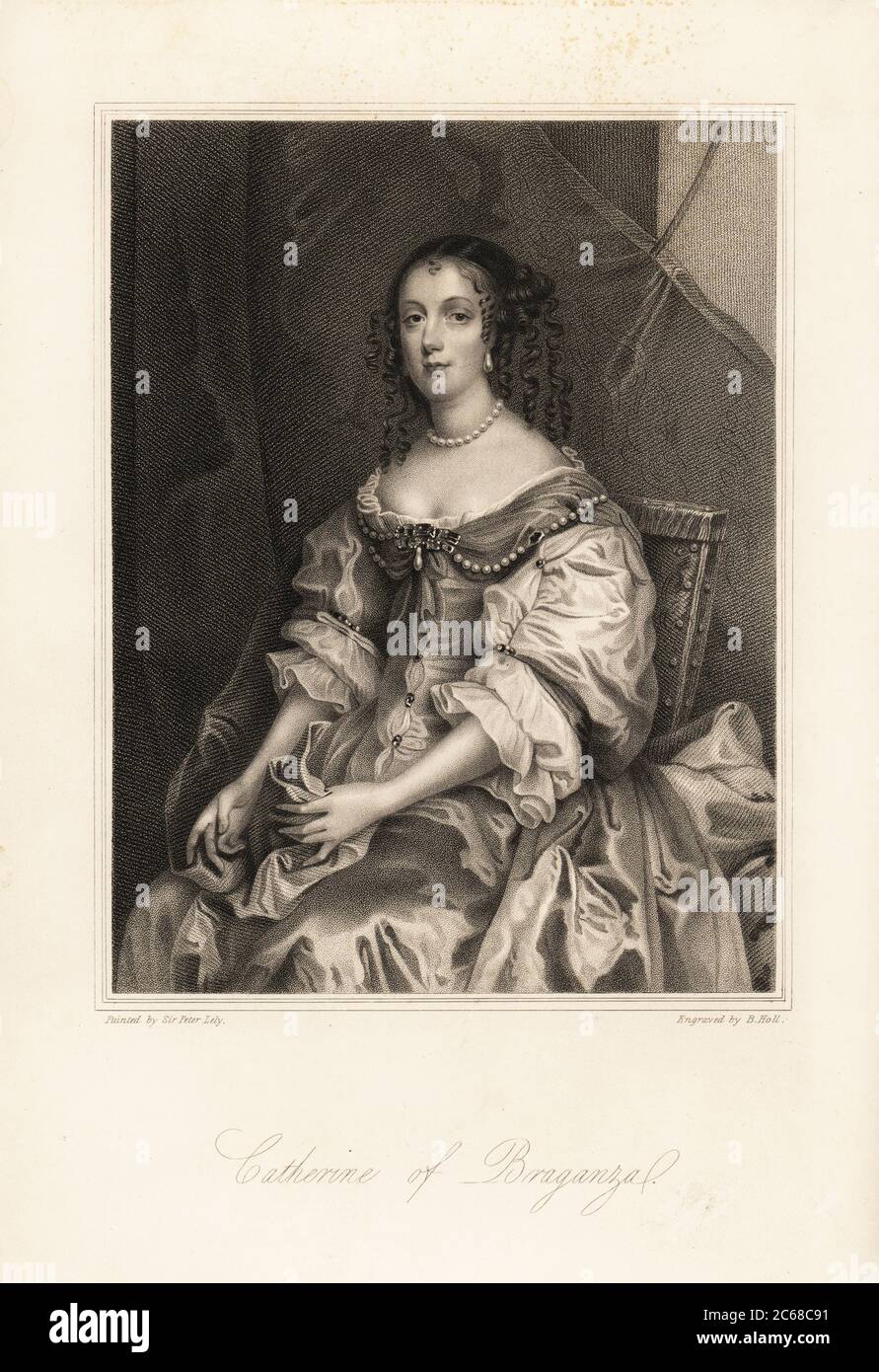 Catherine of Branganza, queen consort of England, wife to King Charles II, 1638-1705. Shown seated on the chair of state in pearls and white satin, painted around 1662-4. Steel engraving by B. Holl after a portrait by Sir Peter Lely from Mrs Anna Jameson’s Memoirs of the Beauties of the Court of King Charles the Second, Henry Coburn, London, 1838 Stock Photo