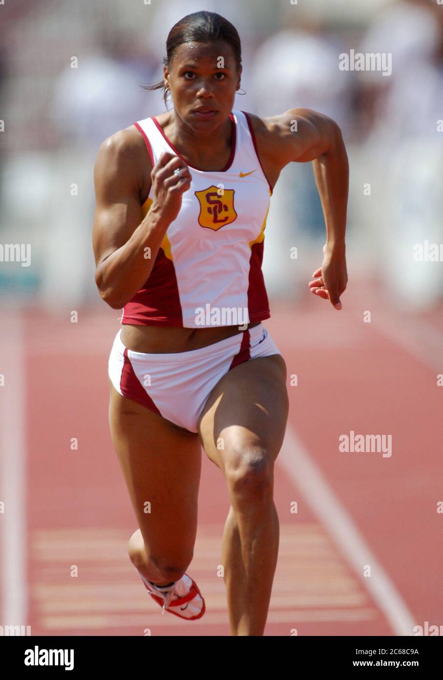 Los Angeles, United States. 01st Apr, 2006. Virginia Powell of USC wins the women's 100 meters in a wind-aided 11.17 in the Cardinal & Gold Invitational at Cromwell Field in Los Angeles on Saturday, April 1, 2006. Photo via Credit: Newscom/Alamy Live News Stock Photo