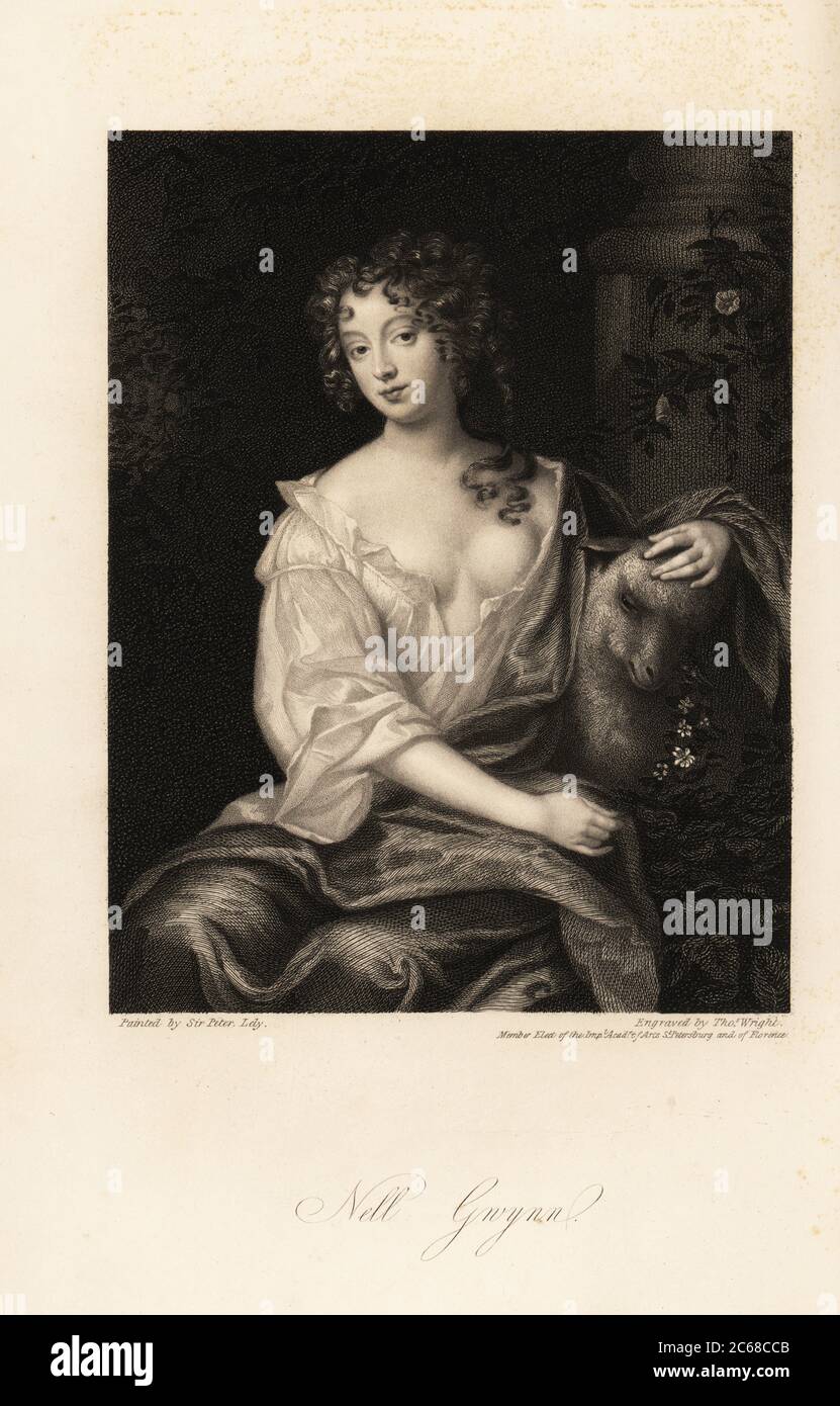 Nell Gwyn, Restoration actress, lover of the Earl of Rochester, long-time mistress of King Charles II of England, 1650-1687. Depicted in loose chemise with her hand on the head of a lamb. Steel engraving by Thomas Wright after a portrait by Sir Peter Lely from Mrs Anna Jameson’s Memoirs of the Beauties of the Court of King Charles the Second, Henry Coburn, London, 1838. T. Wright was a member elect of the Imperial Academy of Arts or St. Petersburg and of Florence. Stock Photo