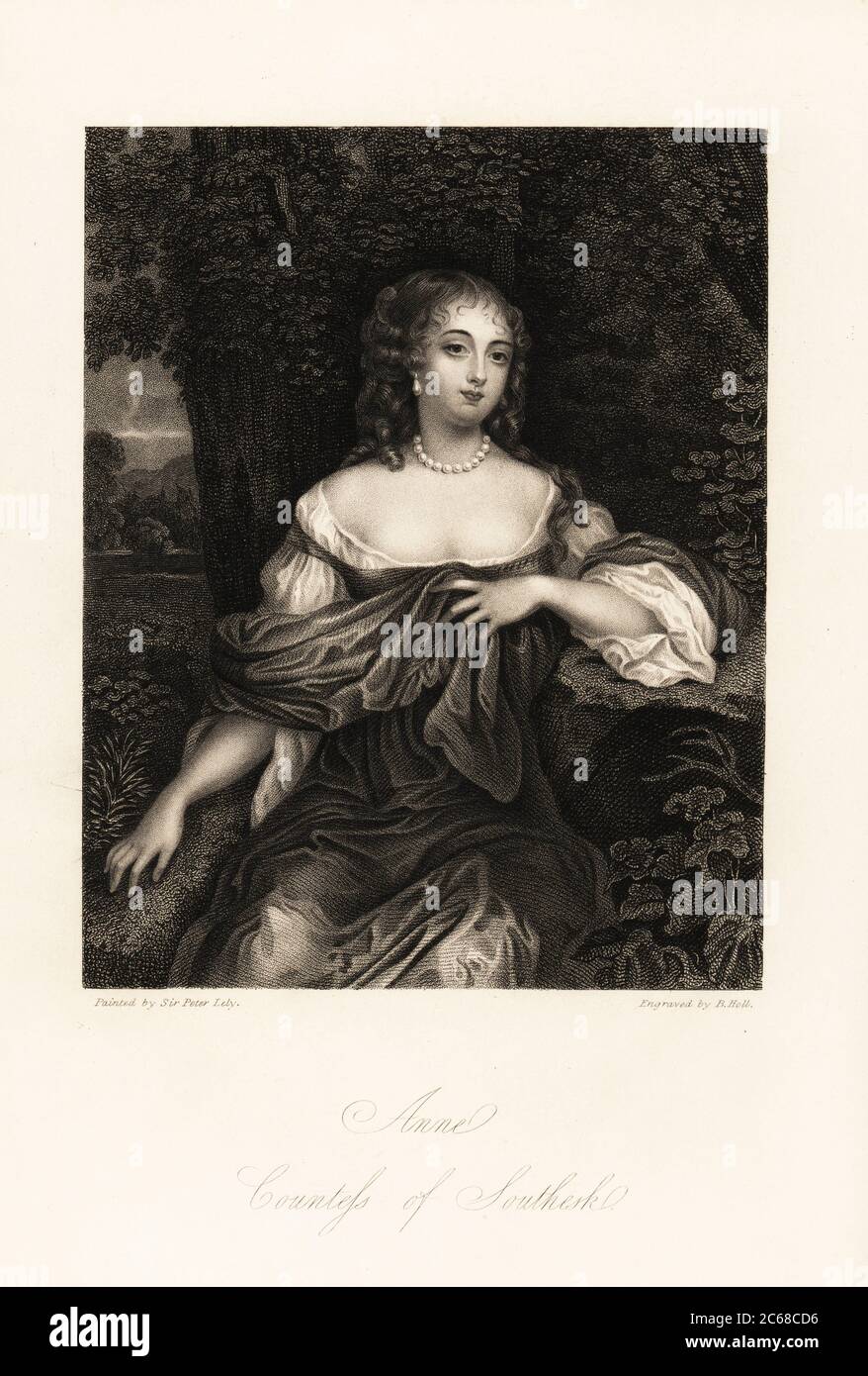 Portrait of Anne Carnegie, Countess of Southesk, wife to James Carnegie, formerly Lady Anne Hamilton, notorious for her affair with the Duke of York, c.1627-1682. Steel engraving by B. Holl after a portrait by Sir Peter Lely from Mrs Anna Jameson’s Memoirs of the Beauties of the Court of King Charles the Second, Henry Coburn, London, 1838 Stock Photo