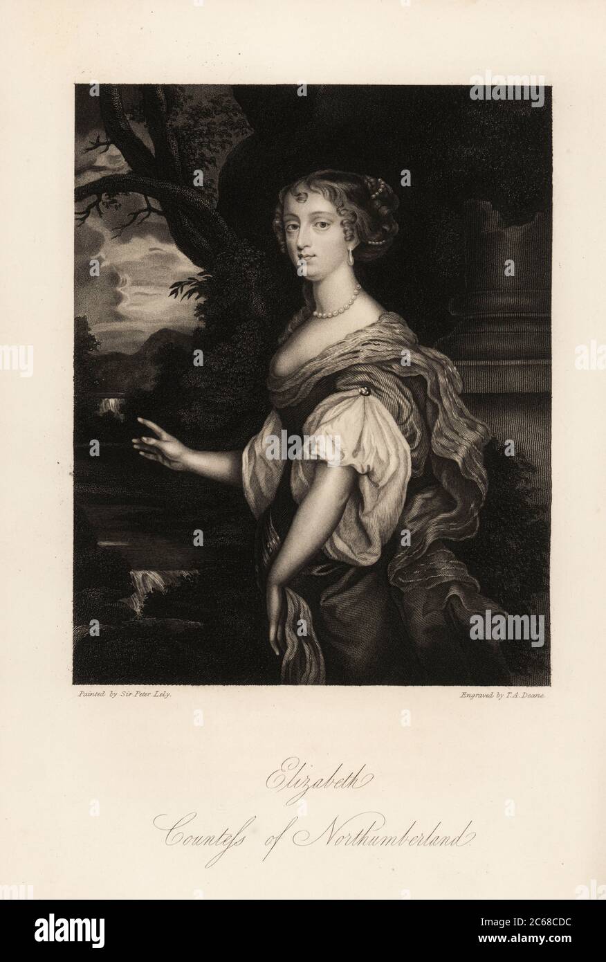 Portrait of Elizabeth Percy, Countess of Northumberland, wife to Joceline Percy, one of the Windsor Beauties,  1646-1690. Steel engraving by Thomas Anthony Deane after a portrait by Sir Peter Lely from Mrs Anna Jameson’s Memoirs of the Beauties of the Court of King Charles the Second, Henry Coburn, London, 1838 Stock Photo