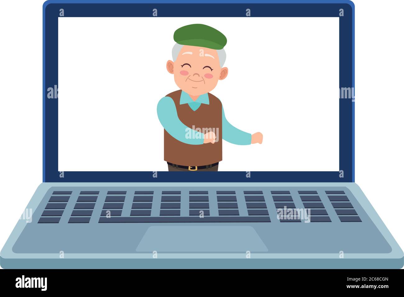 happy old grandfather in laptop avatar character vector illustration ...