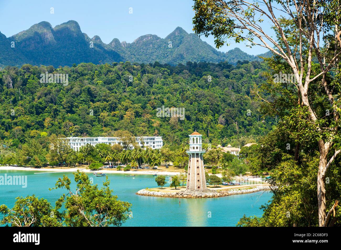 Langkawi, officially known as Langkawi, the Jewel of Kedah, is a district and an archipelago of 99 islands in the Andaman Sea some 30 km off the mainl Stock Photo