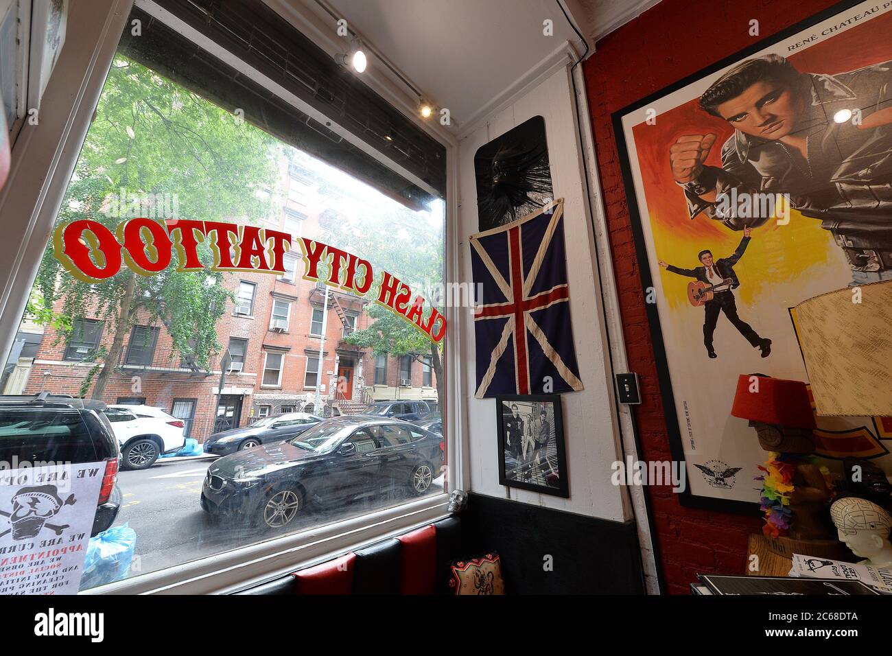 New York City, USA. 07th July, 2020. Inside view of owner and tattoo artist  Barry Shailes's Clash City Tattoo shop in New York, NY, July 7, 2020. As  part of Phase 3