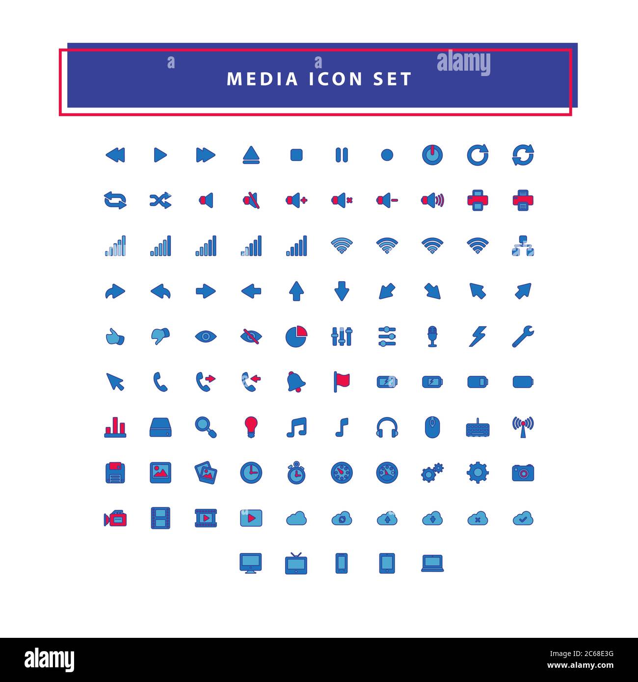 Modern media collection icon set with filled outline style design Stock