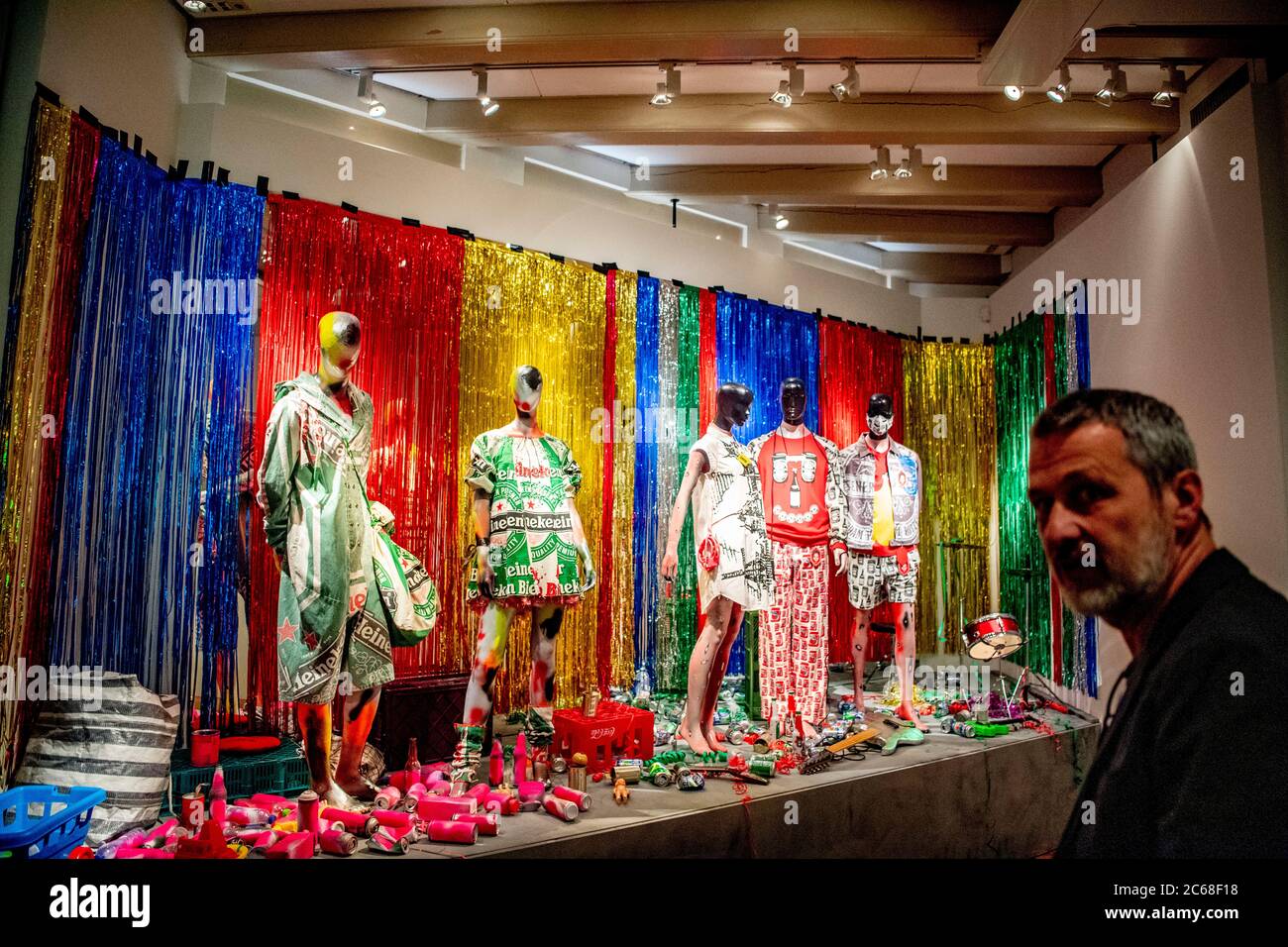 Mannequins seen in beer branded clothes during the beer exhibition.Amsterdam Museum presents the exhibition Beer.  Amsterdam is known as the city of beer and brewers. In the exhibition Beer, visitors can learn all about the capital's beer history. Many Amsterdam mayors were brewers, breweries such as Heineken once started there and today the city has no less than 45 beer breweries. Stock Photo