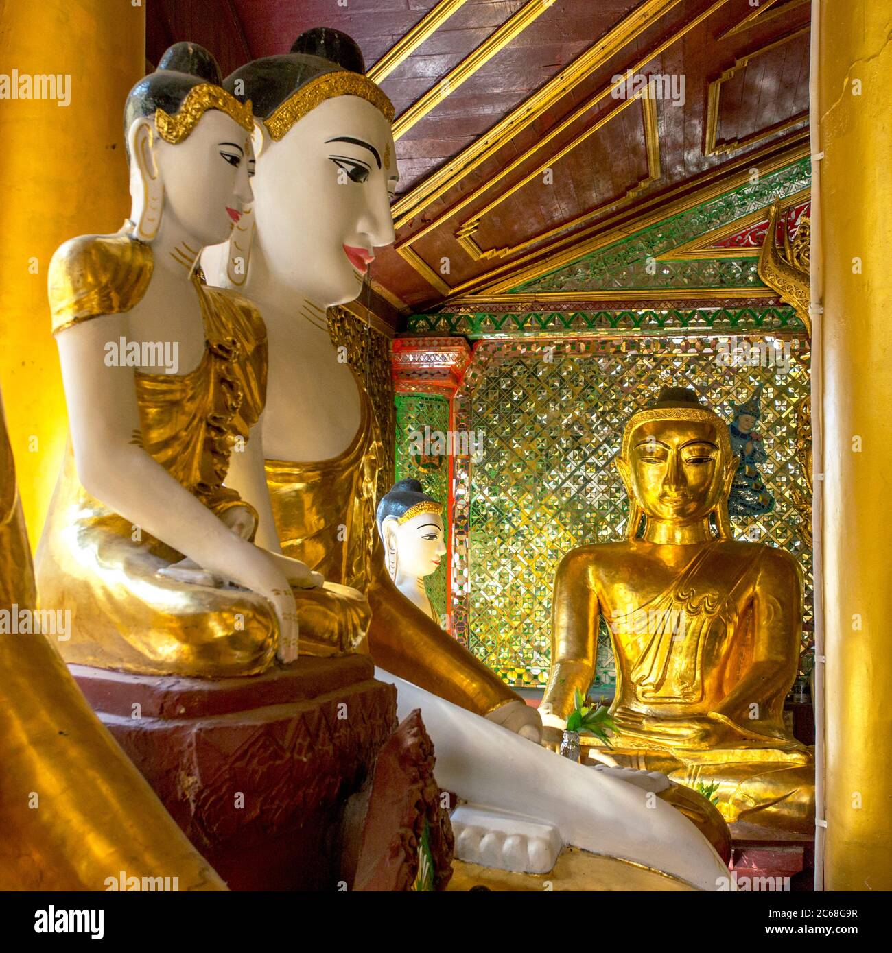 Buddha Statues in the Shwedagon Pagoda, Yangon, Myanmar Stock Photo