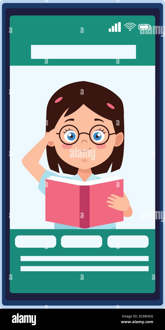 little student girl with uniform reading book in smartphone vector illustration design Stock Vector