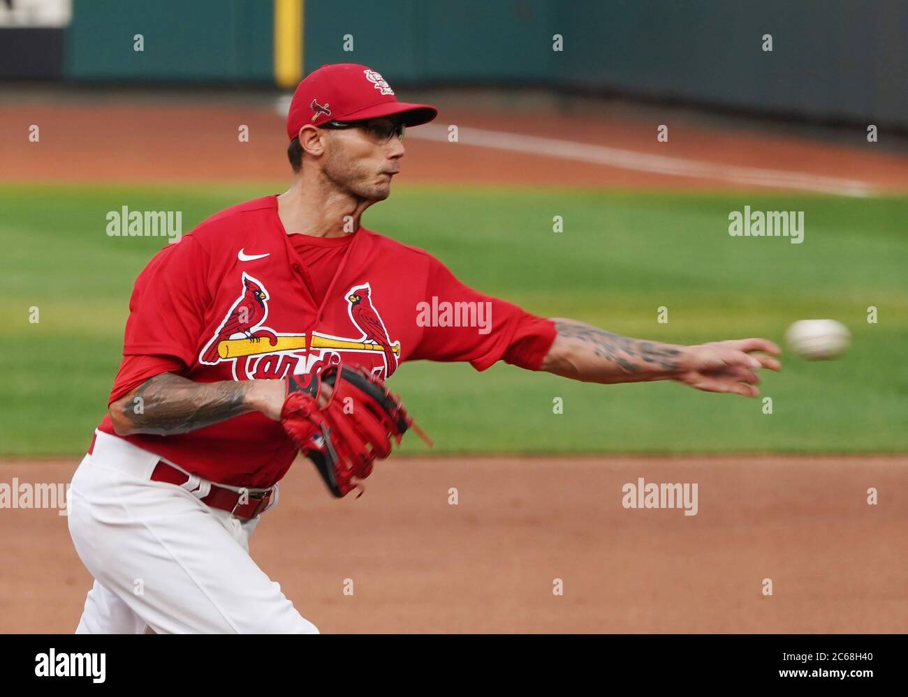 St. Louis, United States. 07th July, 2020. St. Louis Cardinals pitcher Brett Cecil throws batting practice at Summer Camp at Busch Stadium in St. Louis on Tuesday, July 7, 2020. Photo by Bill Greenblatt/UPI Credit: UPI/Alamy Live News Stock Photo