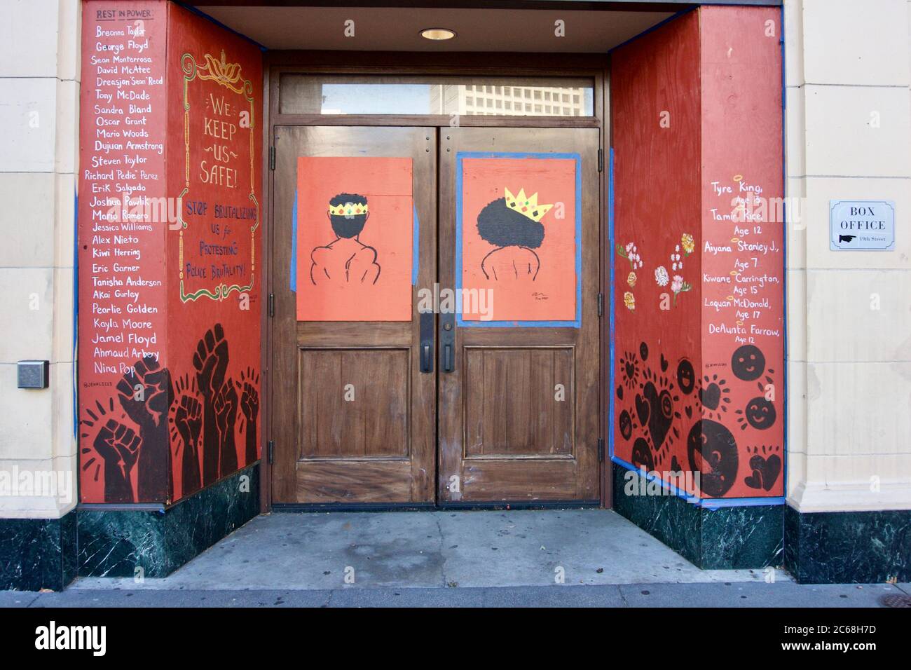 Black Lives Matter protest street art on boarded up buildings after the ...