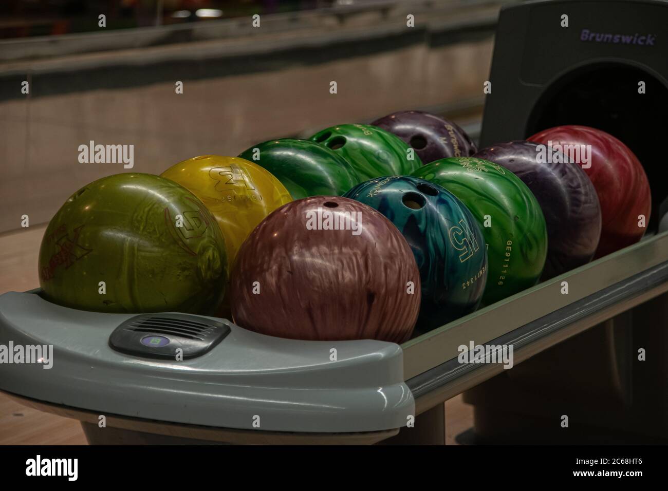 Bowling balls, different sizes and colours background photography Stock