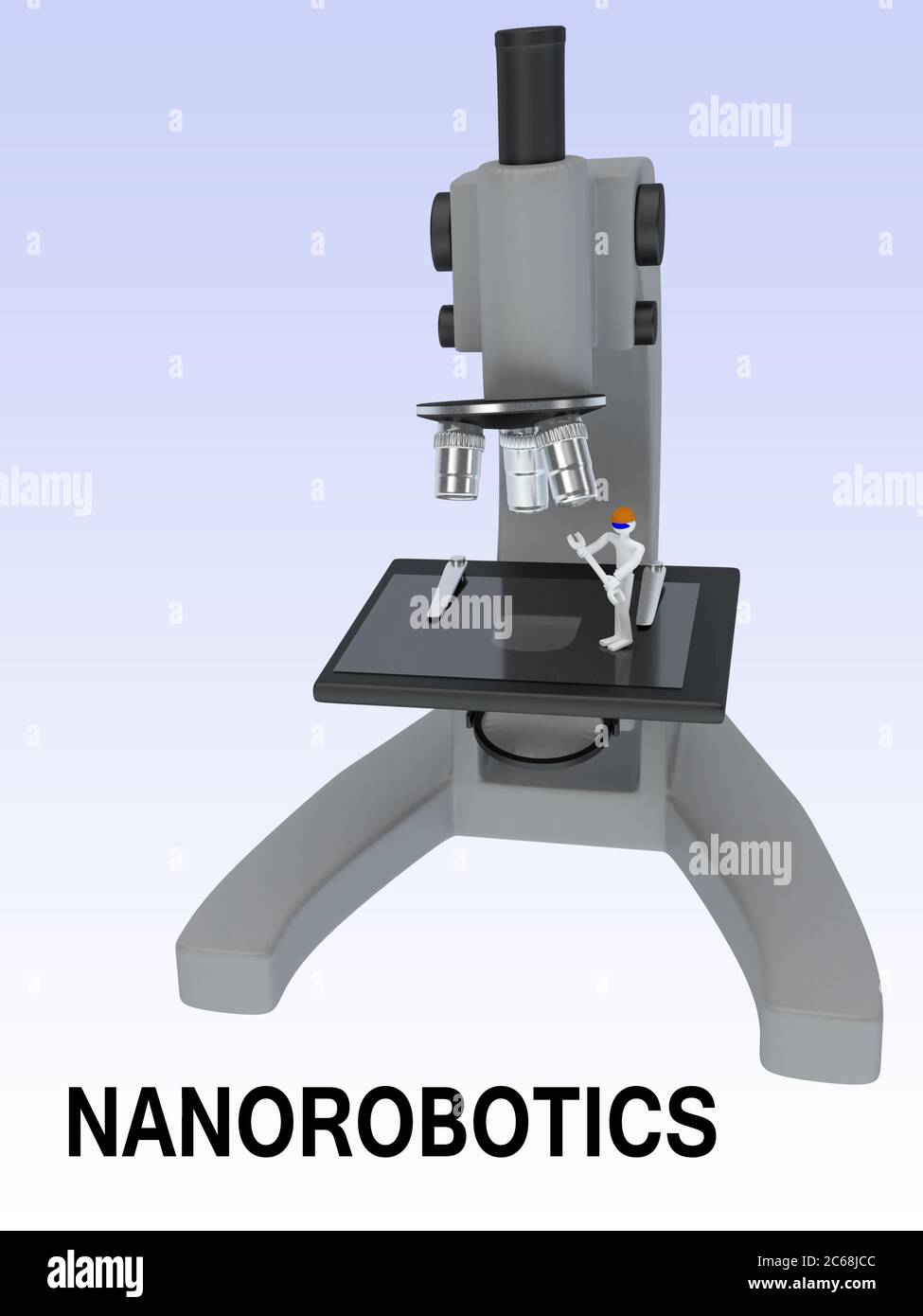 3D illustration of a microscope with a robot and NANOROBOTICS title, isolated over blue gradient. Stock Photo