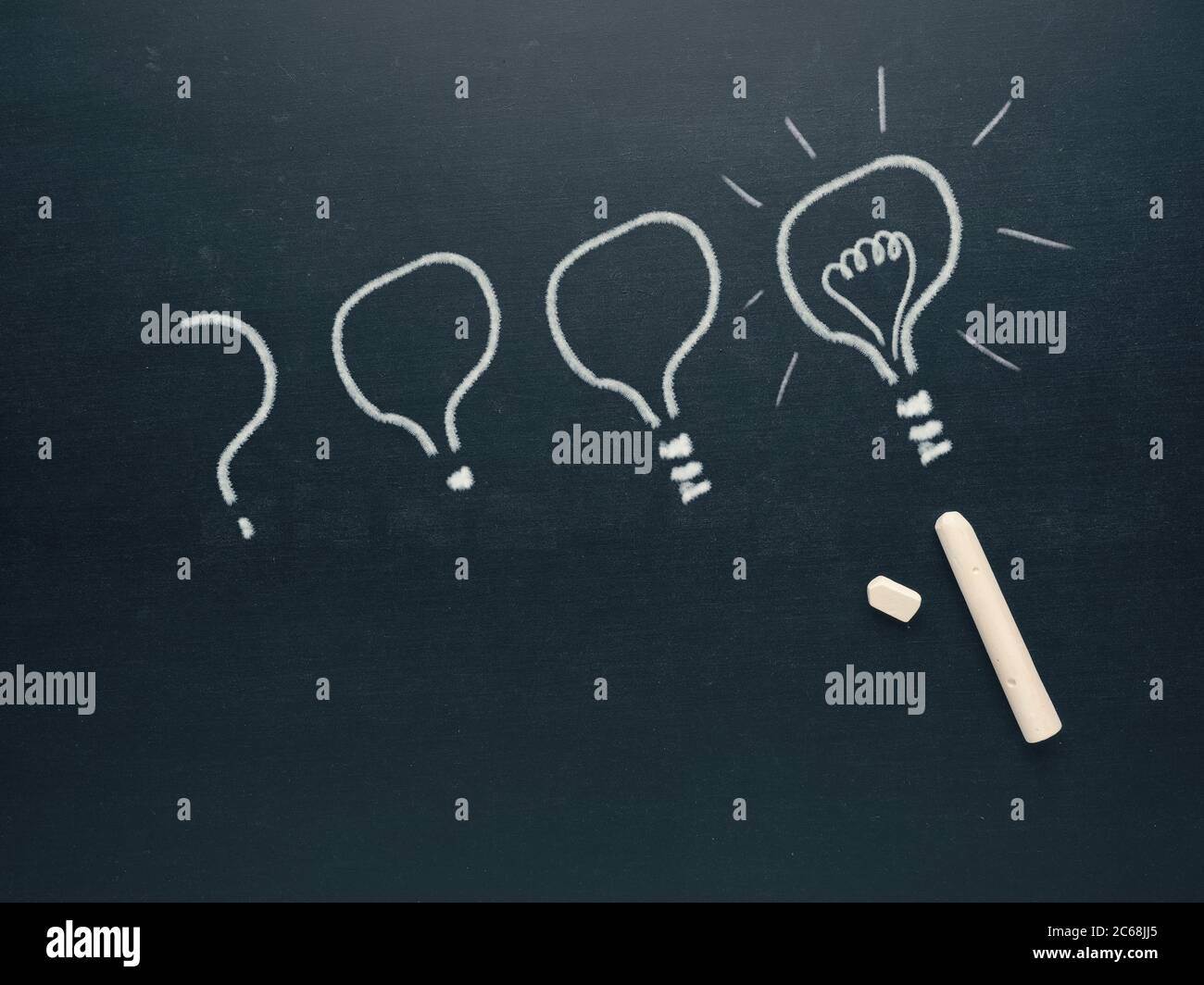 Hand drawn light bulb on a blackboard, a question becomes an idea, creativity concept Stock Photo