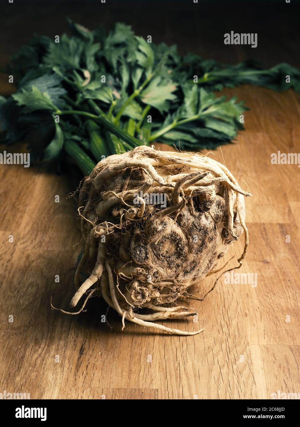 A sandy celeriac on a rustic oak kitchen table, concept for natural healthy eating Stock Photo