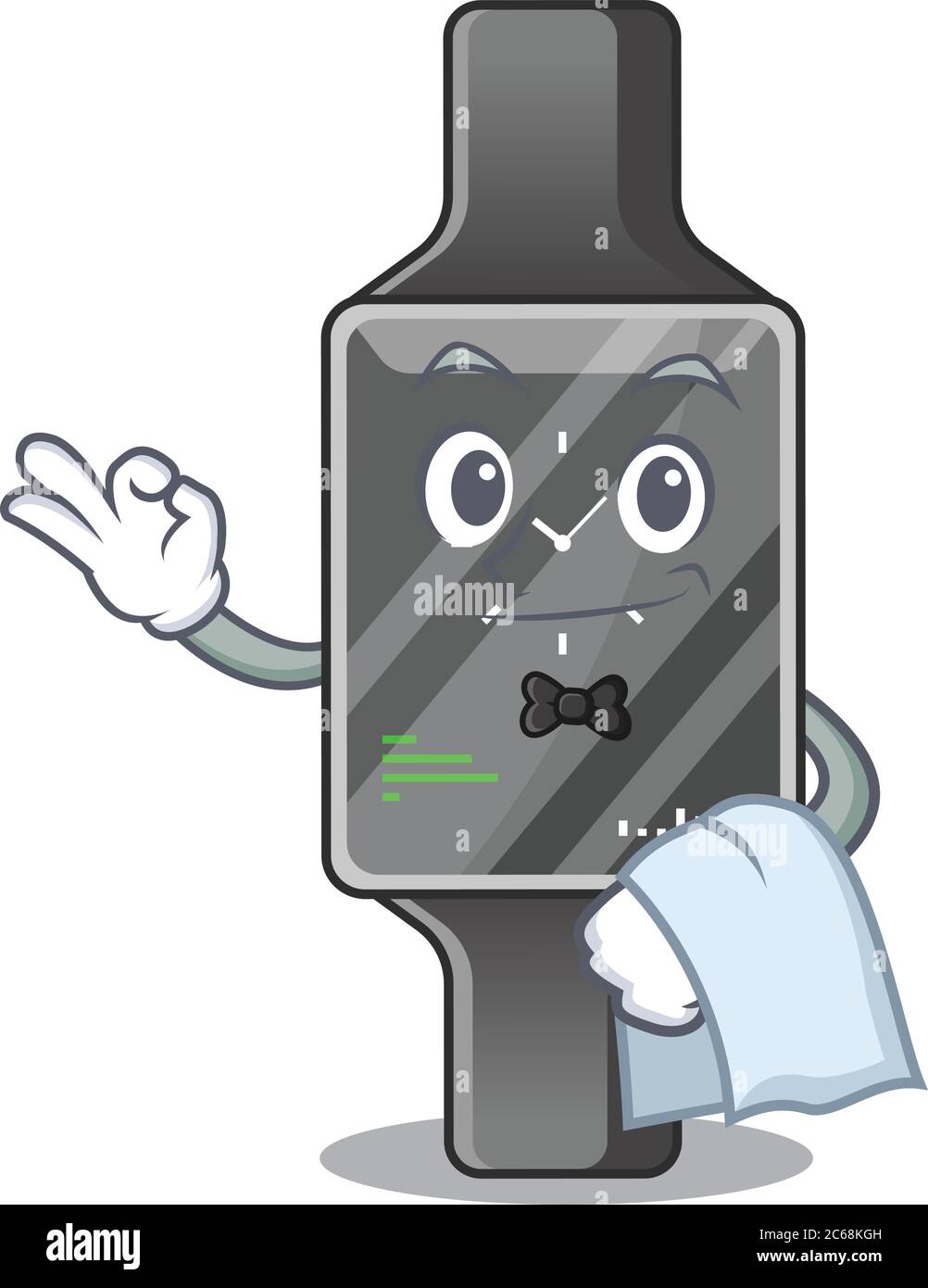 A Caricature design style of smart watch as a waiter with a white
