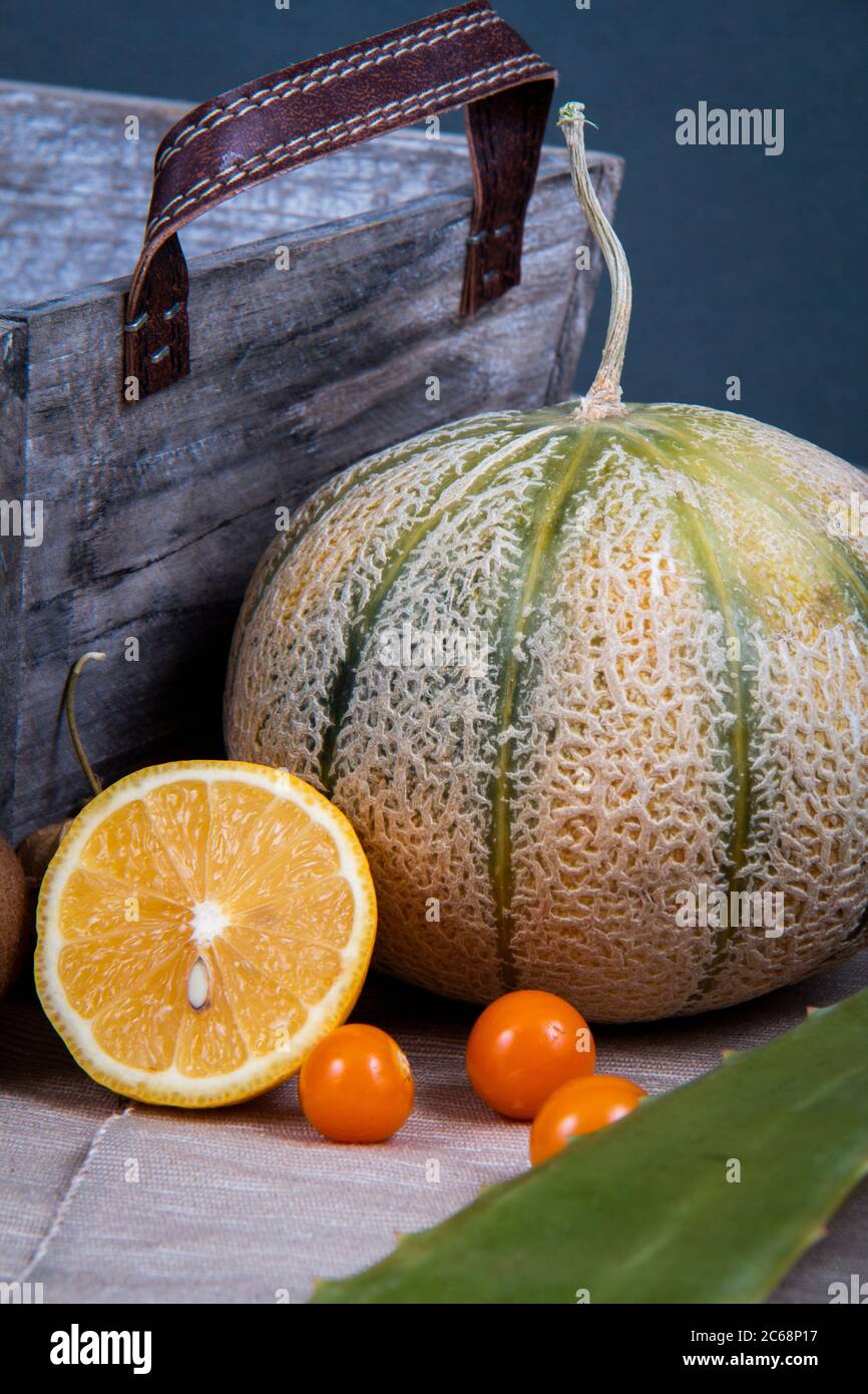 Fruit photography of some edible fruits: orange, honeydew melon, Chinese lantern fruits and a green leaf of aloe Vera. Stock Photo