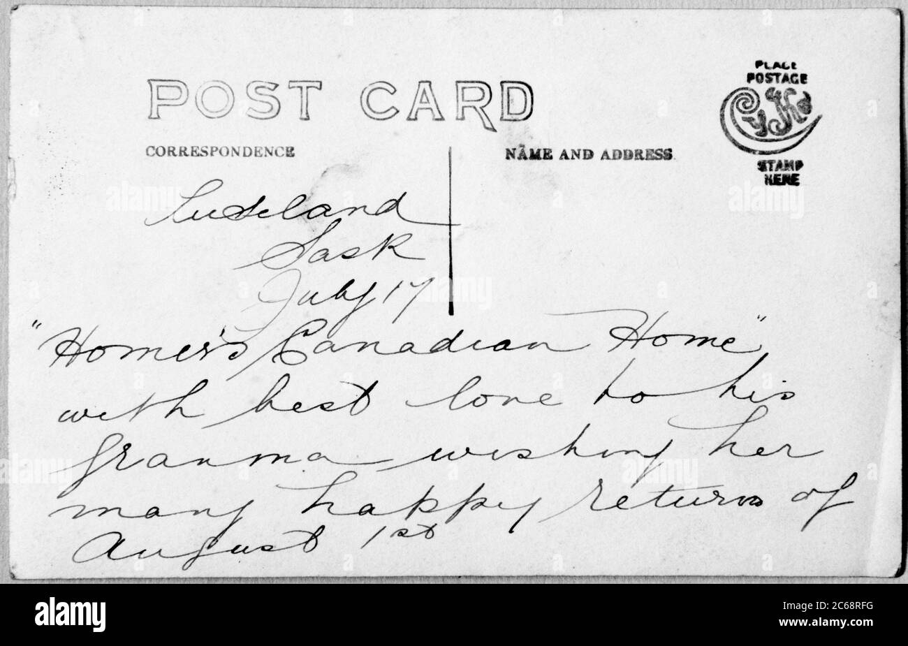 Postcard home, it reads 'Luseland Sask July 17 'Homer's Canadian Home' with best love to his grandma wishing her many happy returns of August 1st.' probably 1911? Link to image CY5KKH to show photo on front  of Bernard Wiliam Sykes with his first child Homer Warwick Sykes (born 1909) Luseland. HOMER WARWICK SYKES Stock Photo
